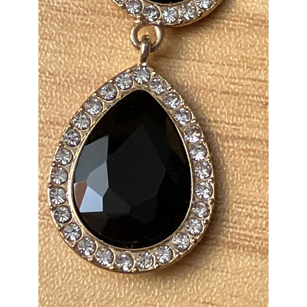 Black Teardrop Dangle Earrings Gold Tone Crystal Halo Triple Tier Statement - Picture 3 of 6